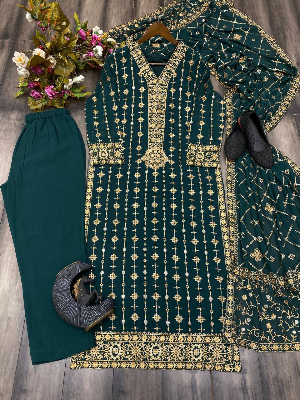 "Exquisite Eid Special Faux Georgette Sequin Embroidered Suit with Stitched Pant & Dupatta"