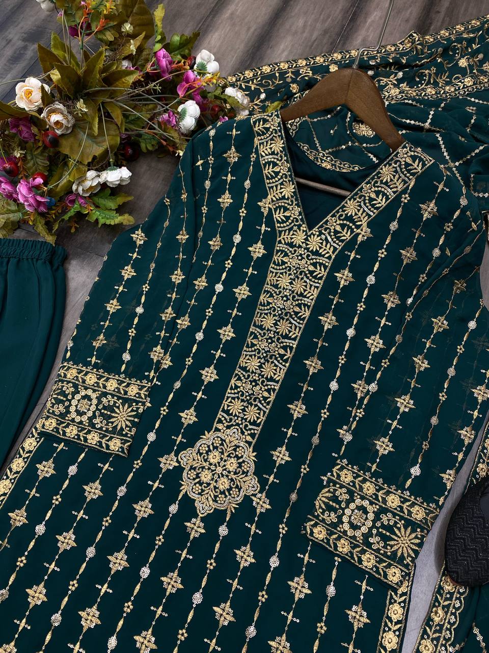 "Exquisite Eid Special Faux Georgette Sequin Embroidered Suit with Stitched Pant & Dupatta"