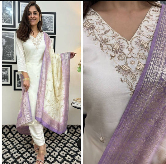 Elegant White Roman Silk Suit Set with Banarasi Jacquard Dupatta & Sequence Work | Sizes M-3XL