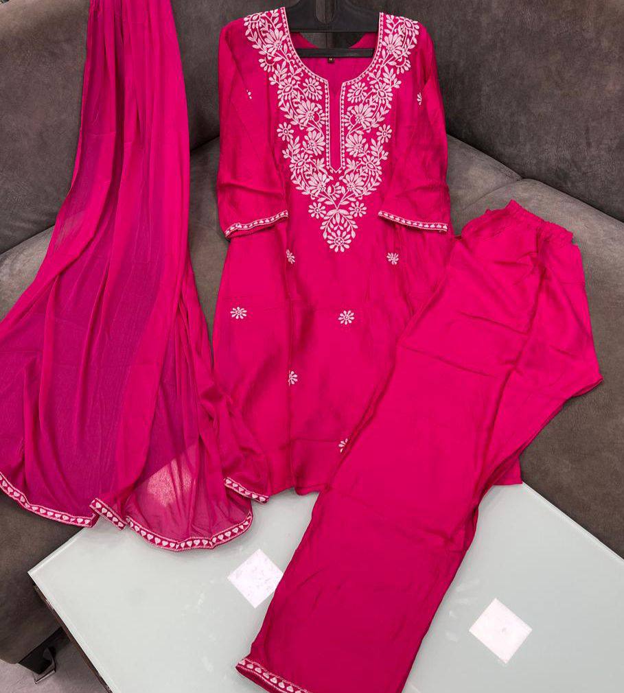 Elegant Embroidered Flared Rayon Suit Set with Nazneen Dupatta – A Perfect Blend of Grace and Tradition