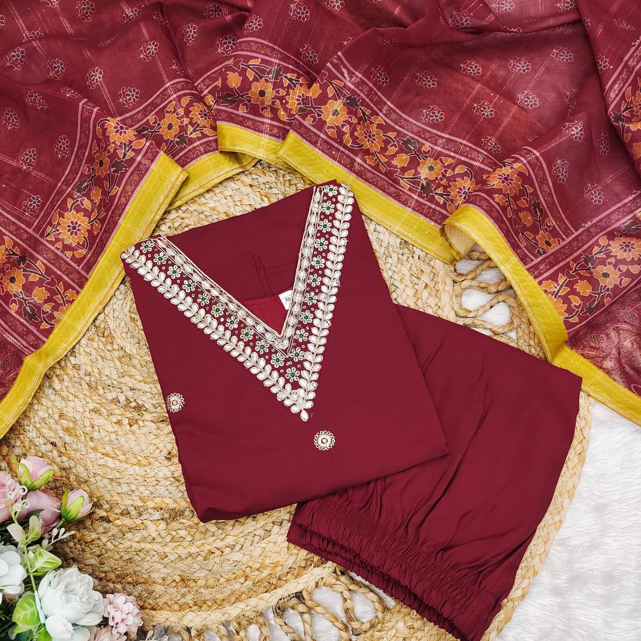 Mary Maroon Roman Silk Suit Set with Banarasi Jacquard Dupatta | Intricate Sequence & Coding Work | Sizes M-3XL