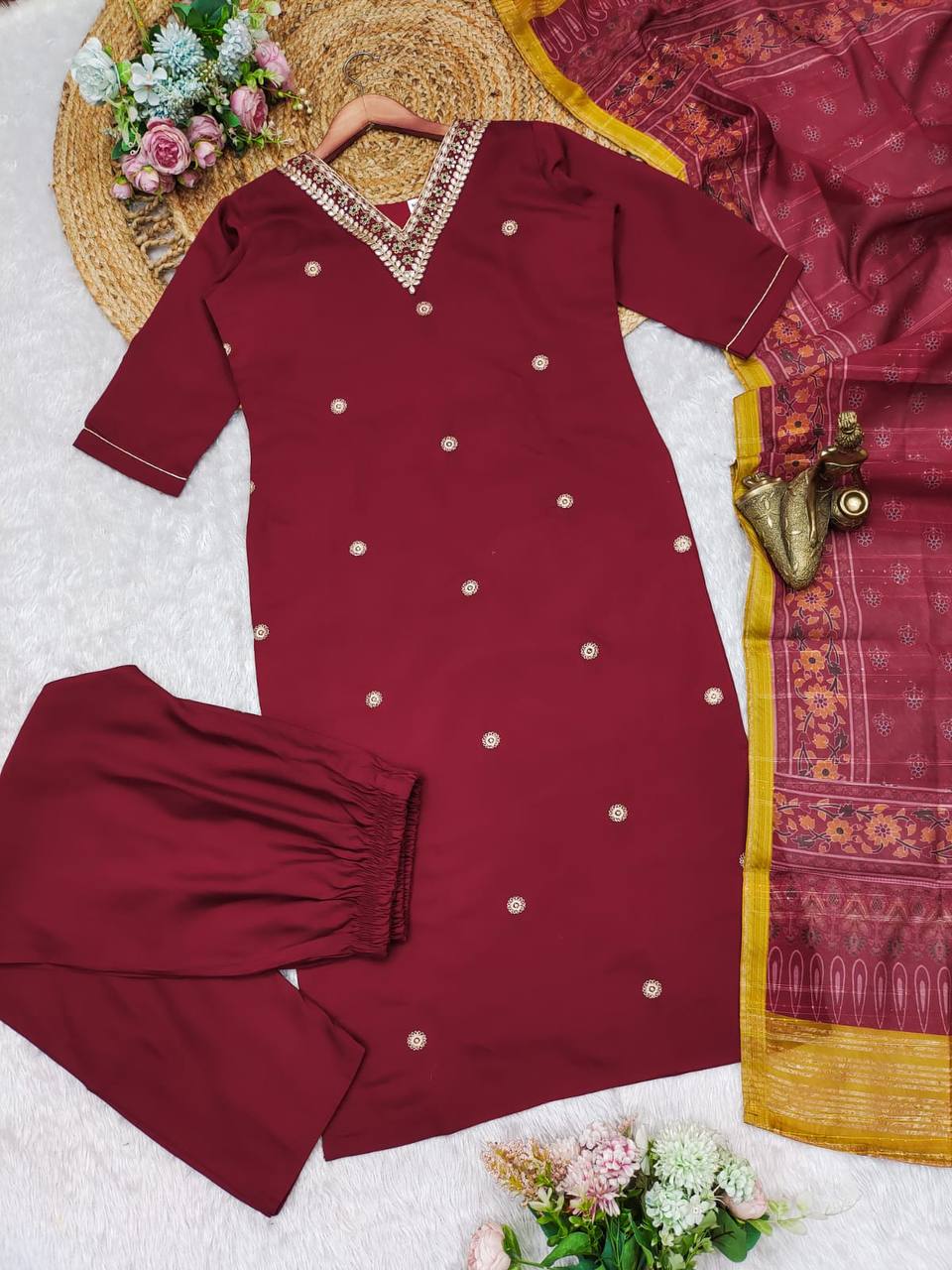 Mary Maroon Roman Silk Suit Set with Banarasi Jacquard Dupatta | Intricate Sequence & Coding Work | Sizes M-3XL