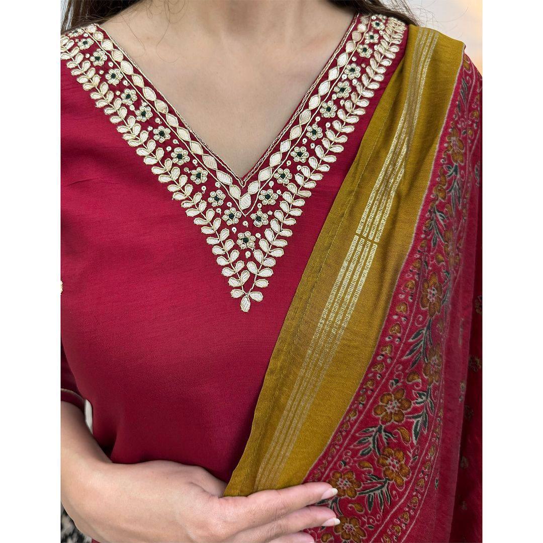 Mary Maroon Roman Silk Suit Set with Banarasi Jacquard Dupatta | Intricate Sequence & Coding Work | Sizes M-3XL