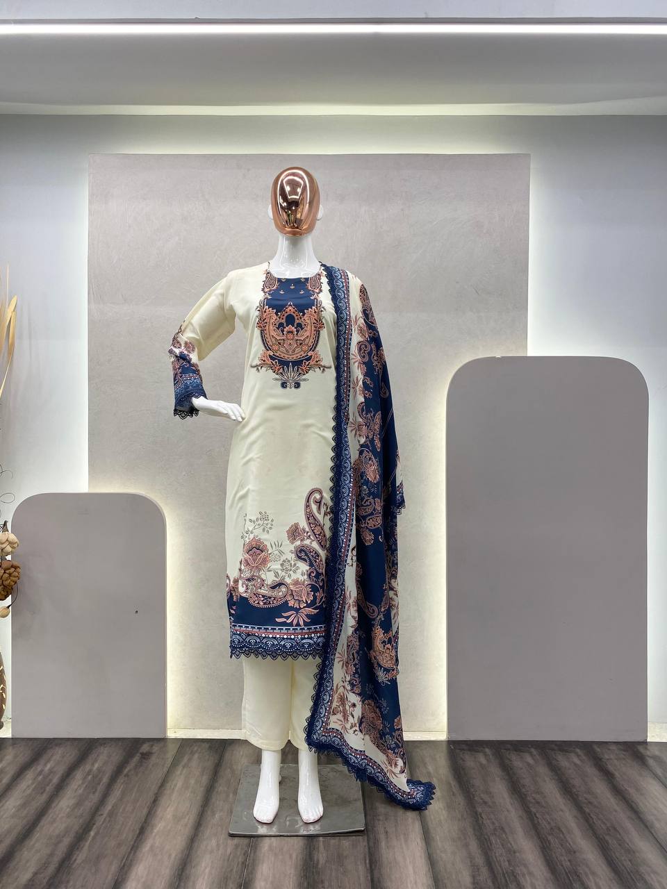 "Elegant Eid Special Maslin Fabric Suit with Printed Work, Stitched Pant & Dupatta"