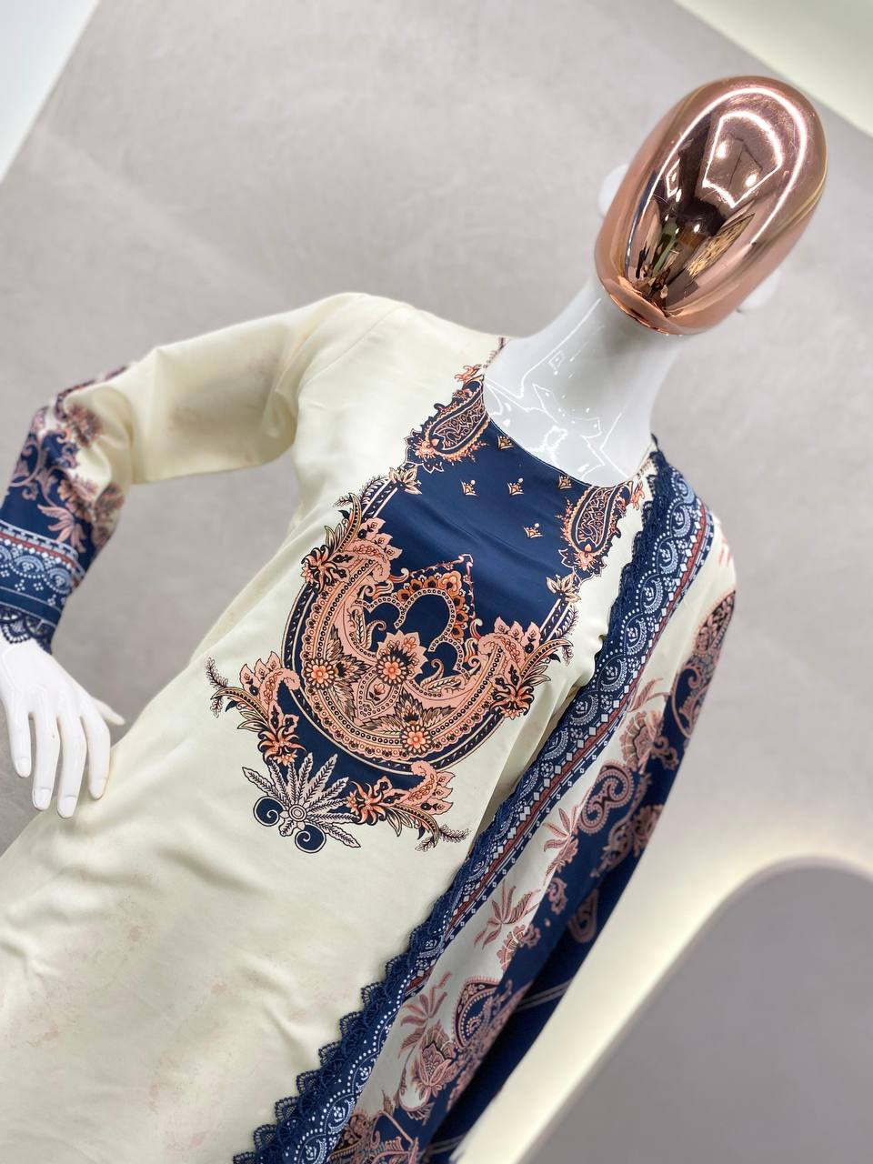 "Elegant Eid Special Maslin Fabric Suit with Printed Work, Stitched Pant & Dupatta"