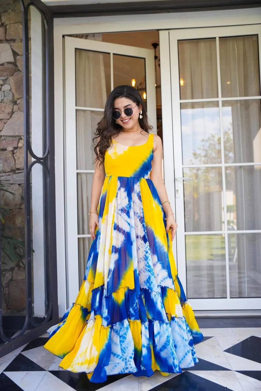 Elegant Tie-Dye Georgette Maxi Dress – Perfect for Summer Twirls