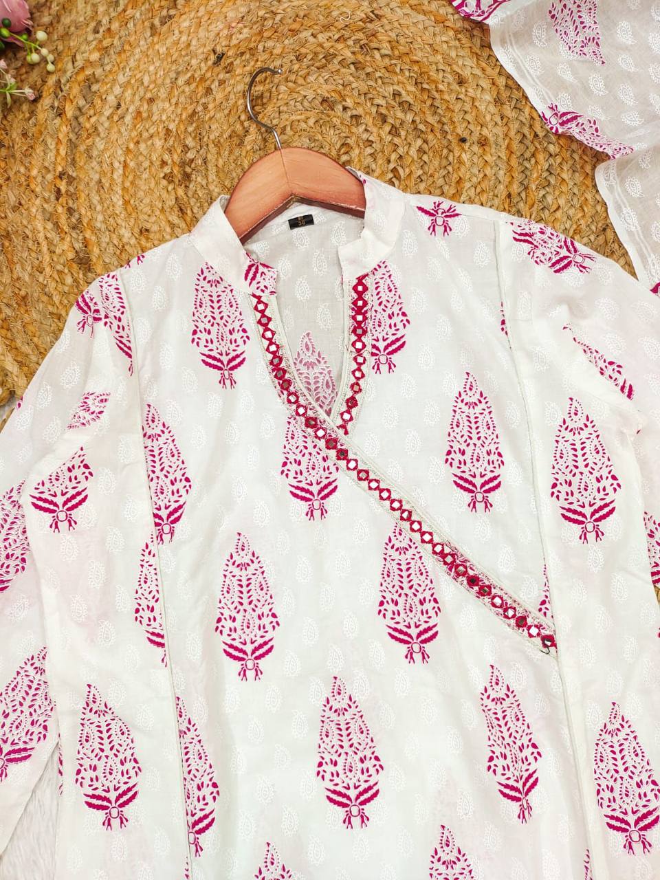 Designer Pure Cotton Suit Set with Hand-Embroidered Neckline & Mulmul Dupatta | Full Flared Block Print | Sizes M-3XL