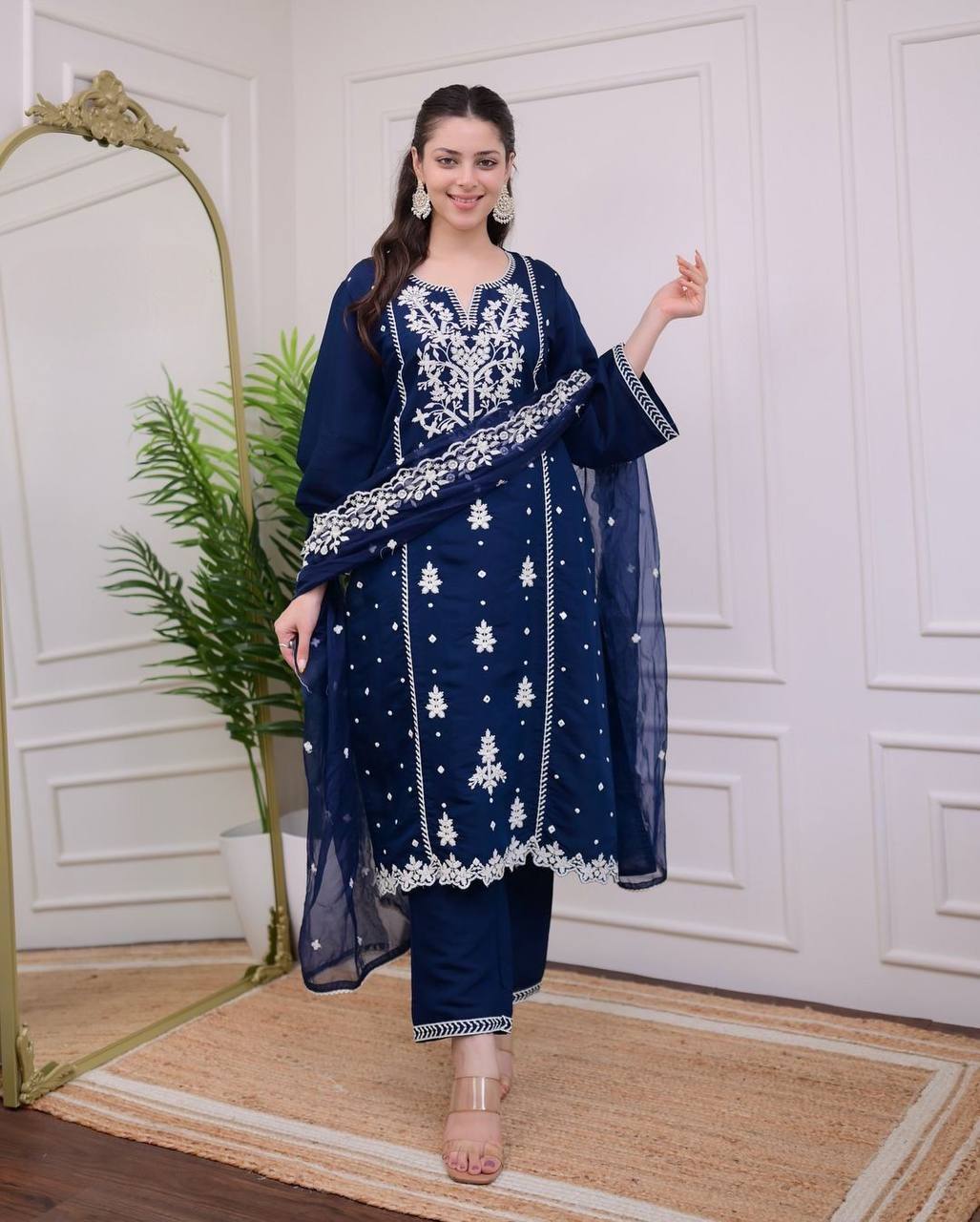 Luxurious 3-Piece Embroidered Suit Set with Organza Dupatta | Pure Rayon Fabric | Sizes M-3XL