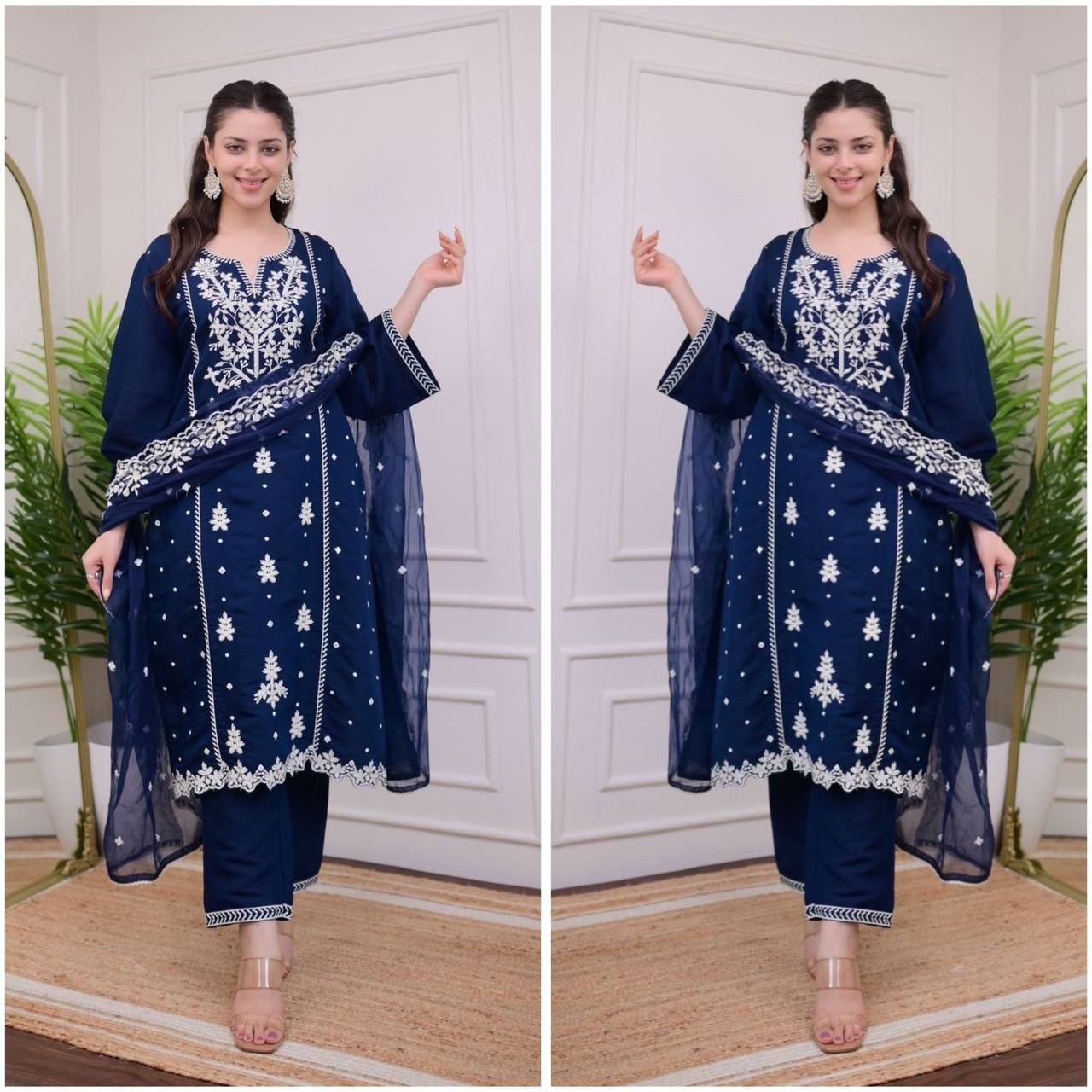 Luxurious 3-Piece Embroidered Suit Set with Organza Dupatta | Pure Rayon Fabric | Sizes M-3XL