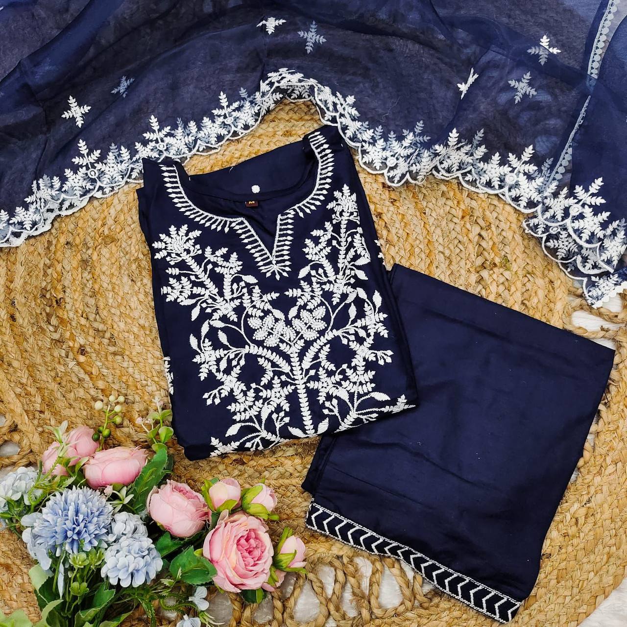 Luxurious 3-Piece Embroidered Suit Set with Organza Dupatta | Pure Rayon Fabric | Sizes M-3XL