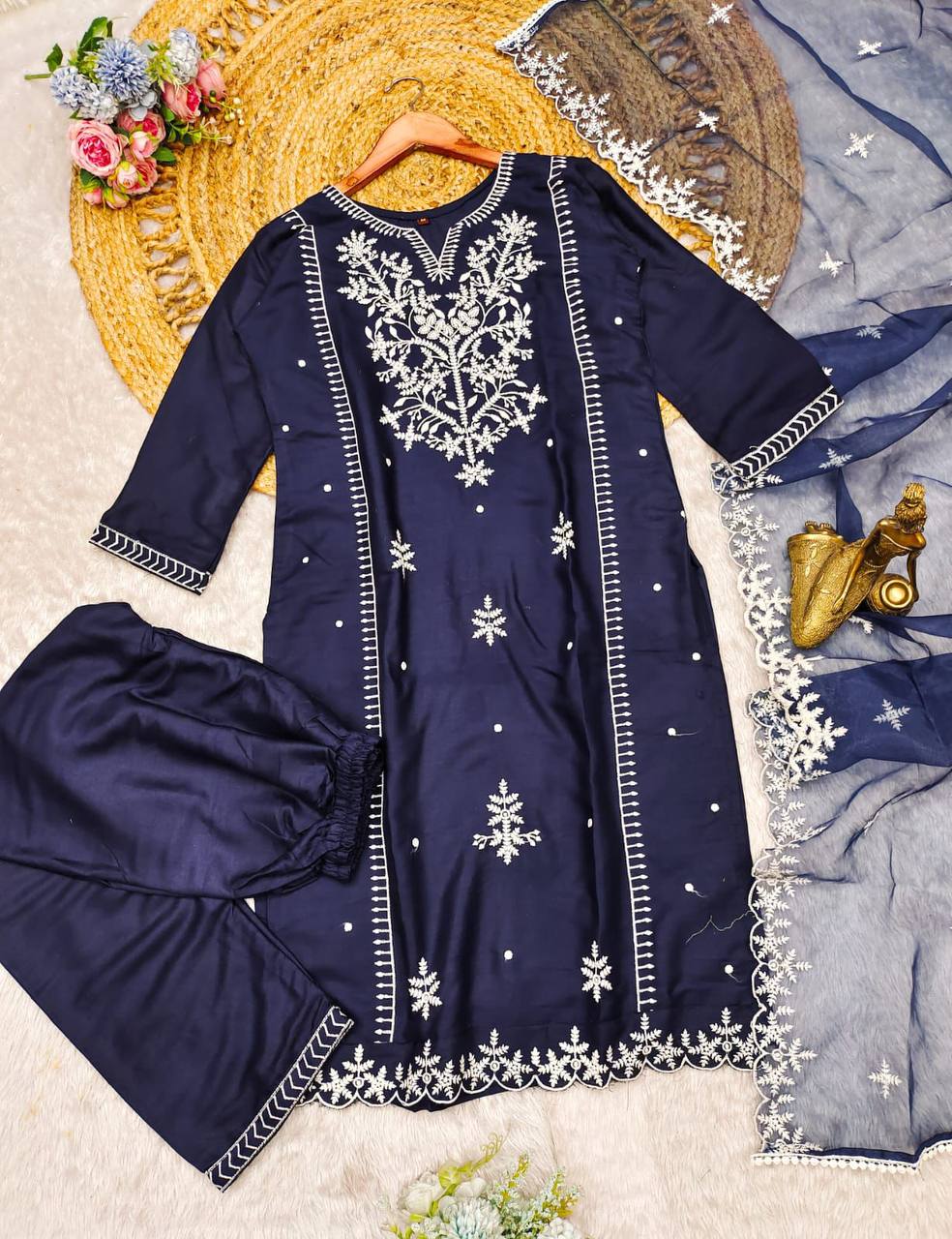 Luxurious 3-Piece Embroidered Suit Set with Organza Dupatta | Pure Rayon Fabric | Sizes M-3XL