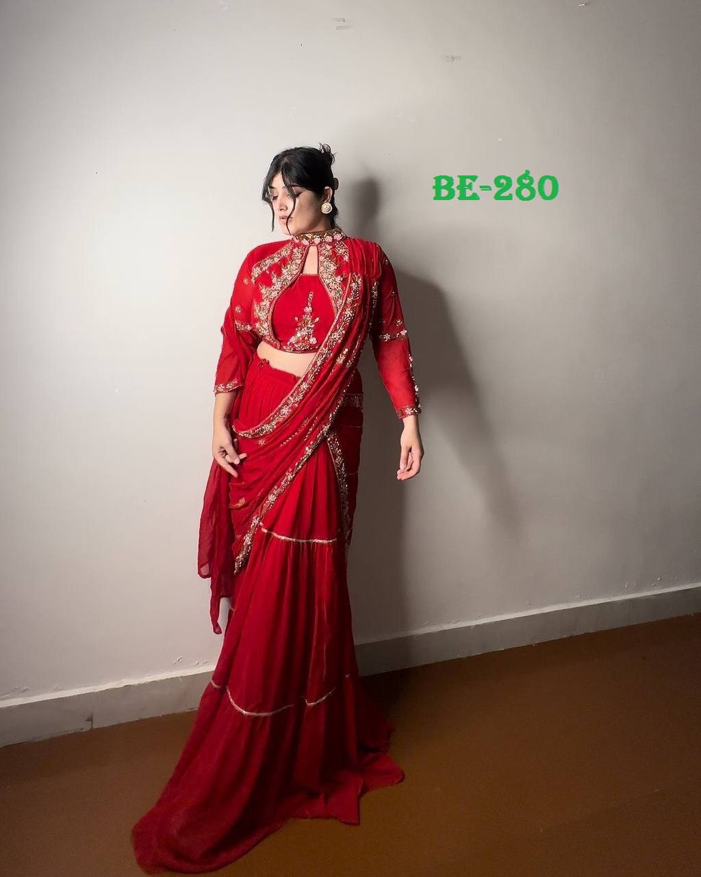 Stunning Faux Georgette Lehenga Saree with Ruffle & Mirror Work Embroidery