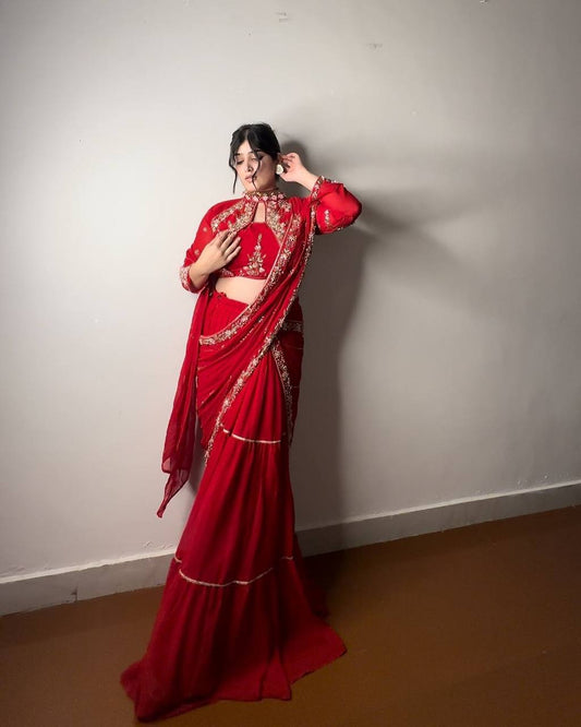 Stunning Faux Georgette Lehenga Saree with Ruffle & Mirror Work Embroidery