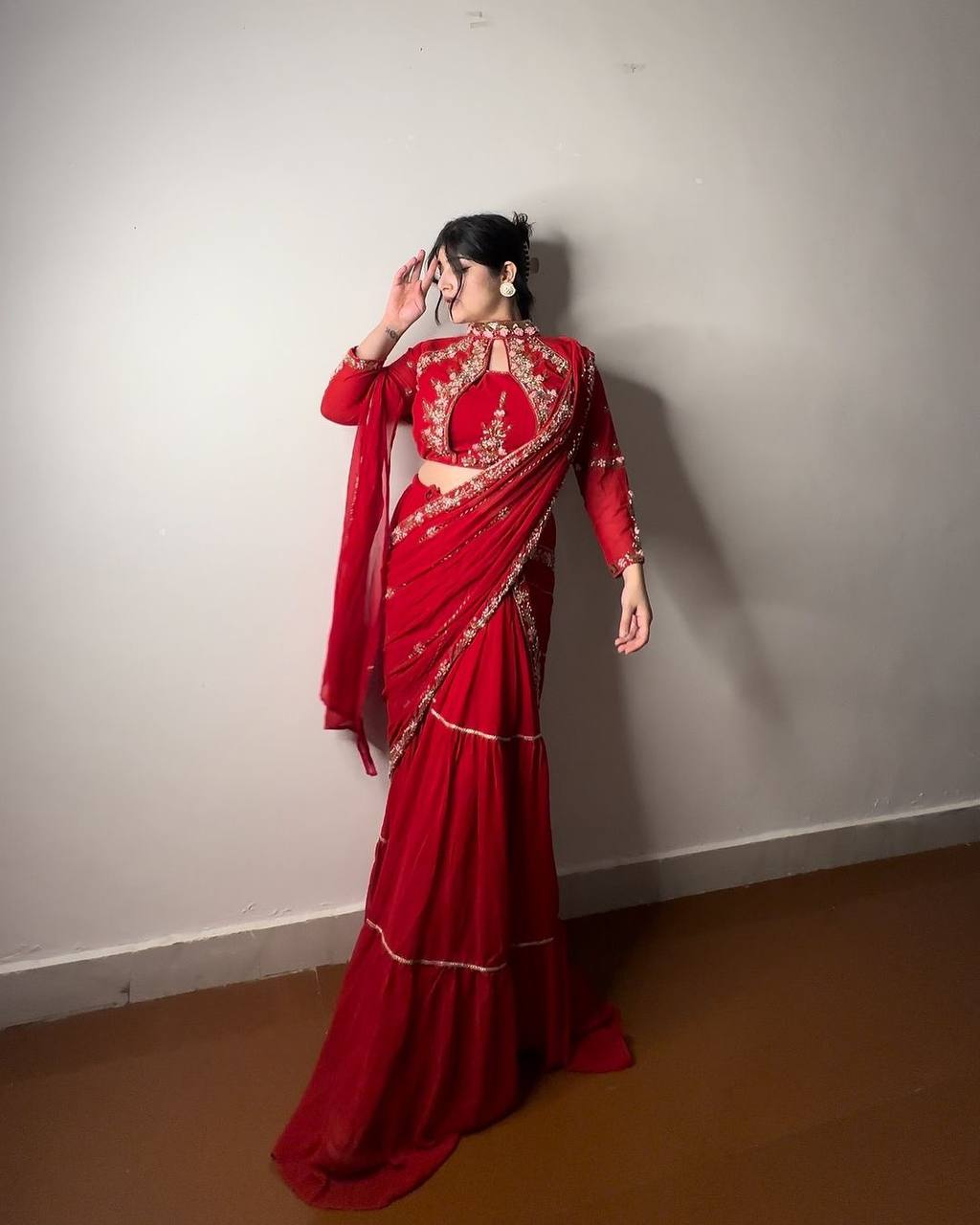 Stunning Faux Georgette Lehenga Saree with Ruffle & Mirror Work Embroidery