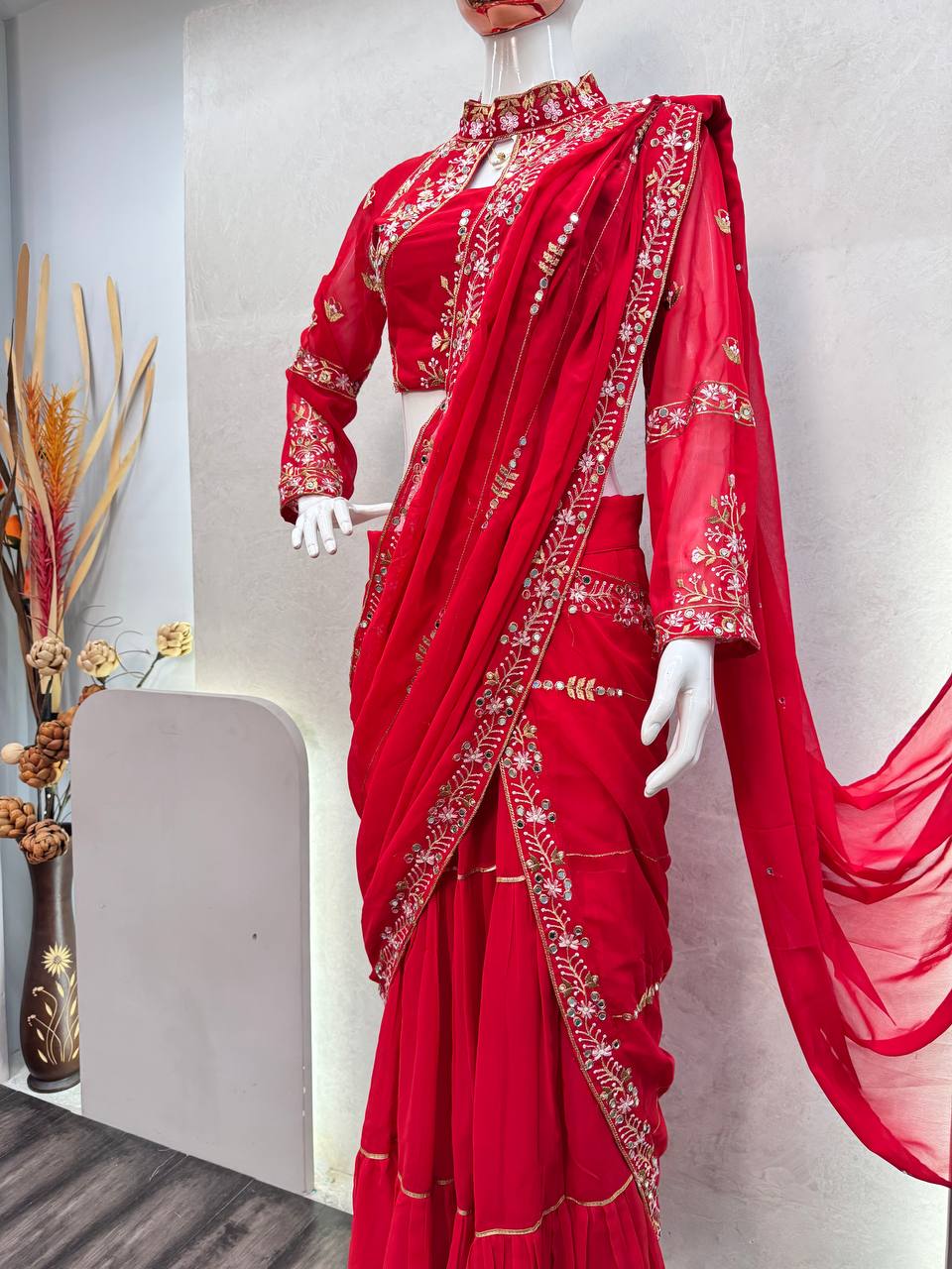 Stunning Faux Georgette Lehenga Saree with Ruffle & Mirror Work Embroidery