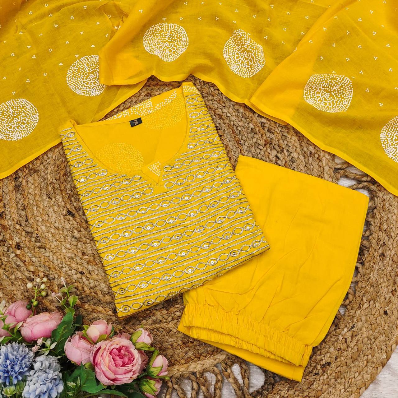 Designer Pure Cotton Block Print Suit Set with Hand Embroidery & Mulmul Dupatta | Full Flared 3-Piece Set | Sizes M-3XL