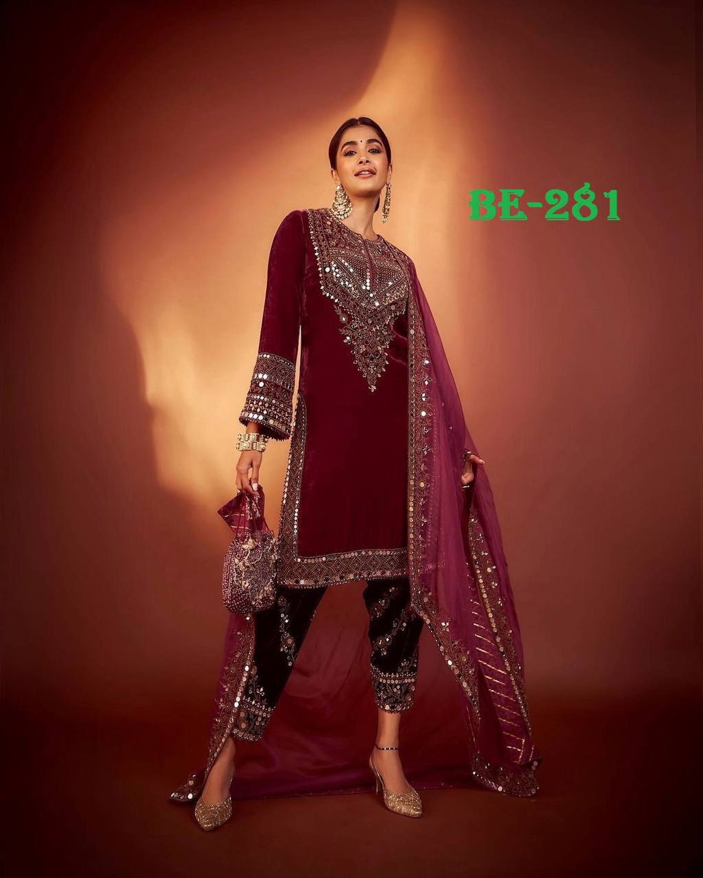 Elegant Velvet Sequence Embroidered Suit with Mirror Work, Pant & Dupatta Set