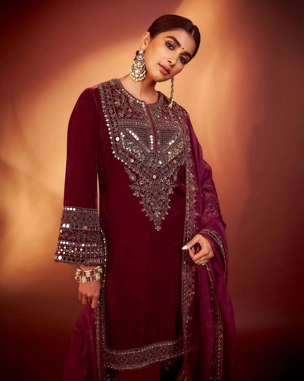 Elegant Velvet Sequence Embroidered Suit with Mirror Work, Pant & Dupatta Set