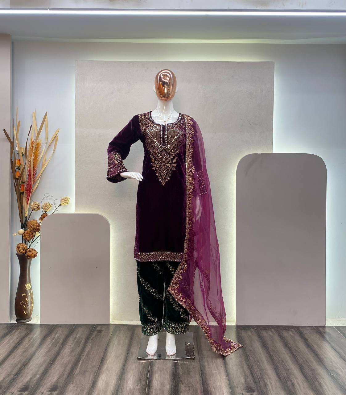 Elegant Velvet Sequence Embroidered Suit with Mirror Work, Pant & Dupatta Set