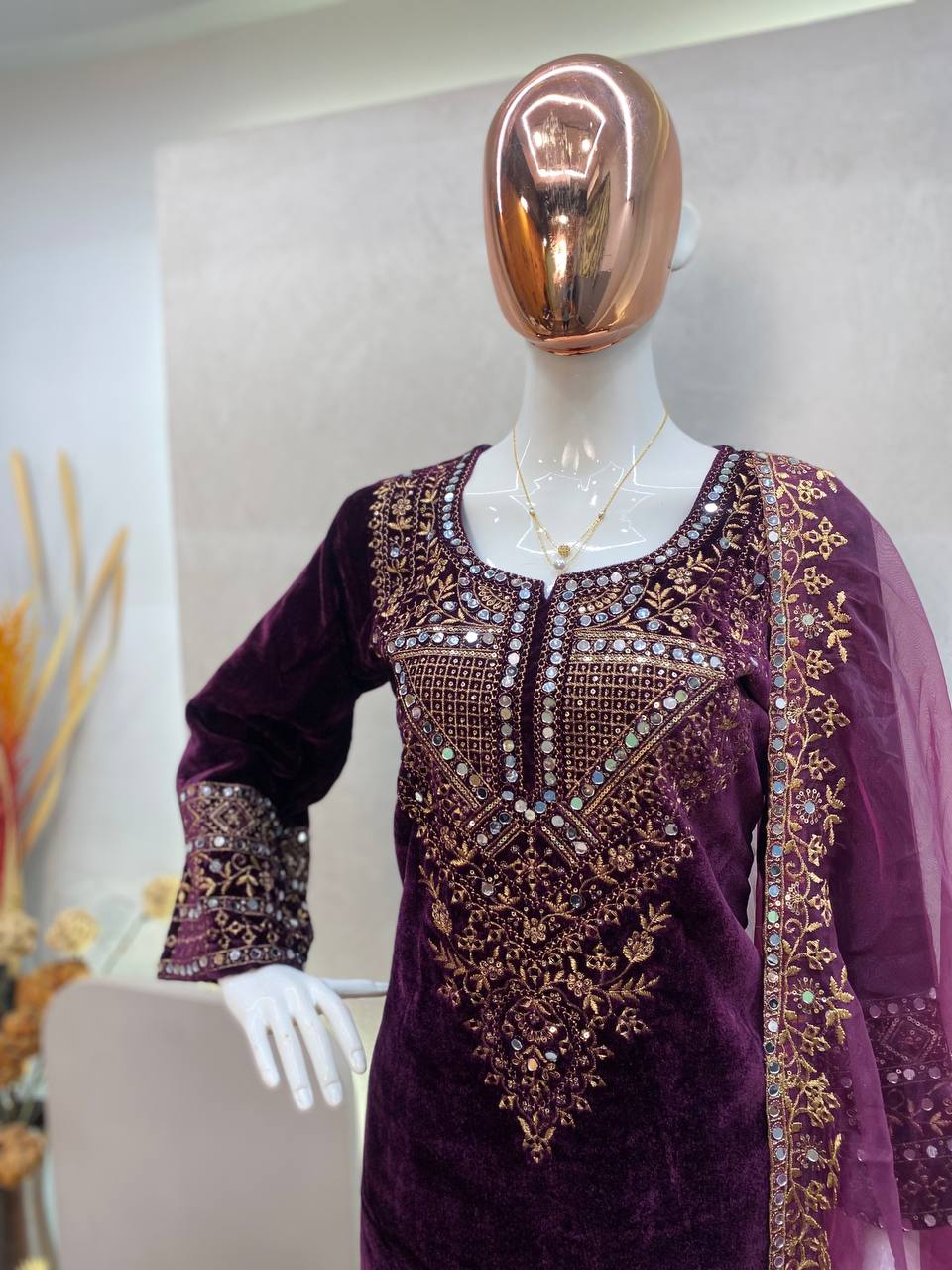 Elegant Velvet Sequence Embroidered Suit with Mirror Work, Pant & Dupatta Set