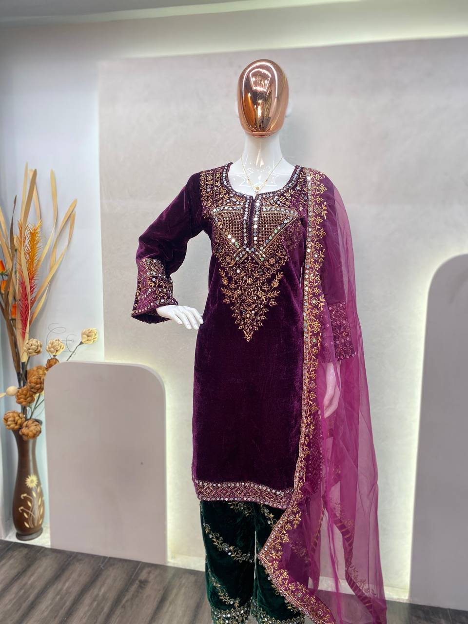 Elegant Velvet Sequence Embroidered Suit with Mirror Work, Pant & Dupatta Set