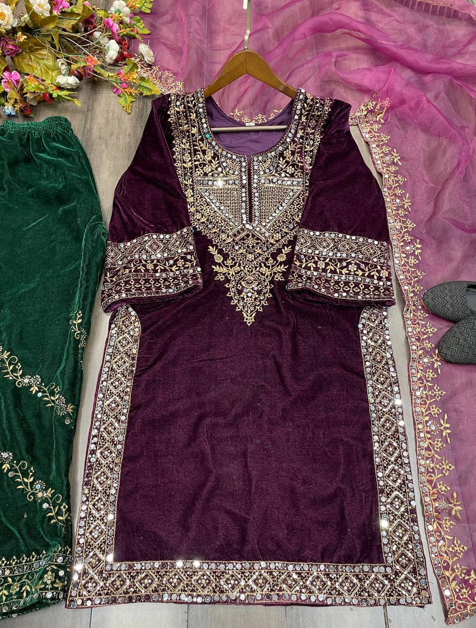 Elegant Velvet Sequence Embroidered Suit with Mirror Work, Pant & Dupatta Set