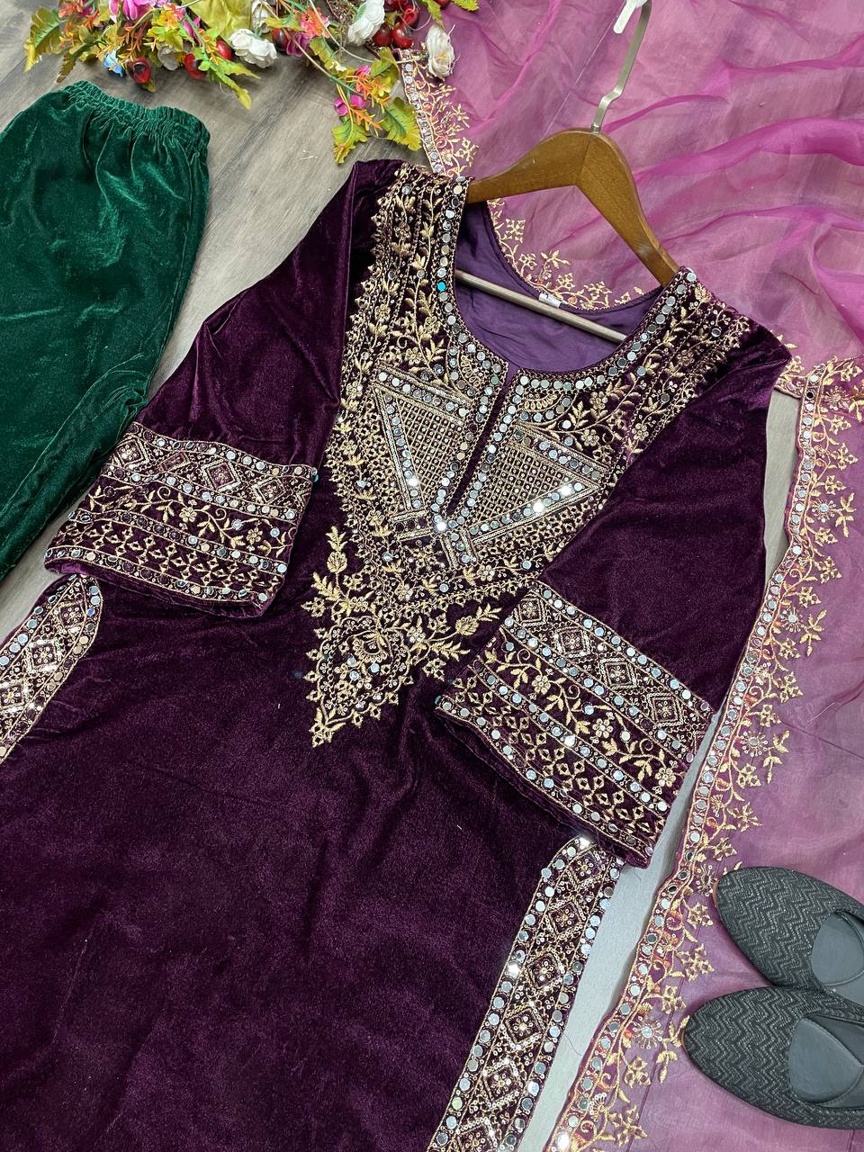 Elegant Velvet Sequence Embroidered Suit with Mirror Work, Pant & Dupatta Set