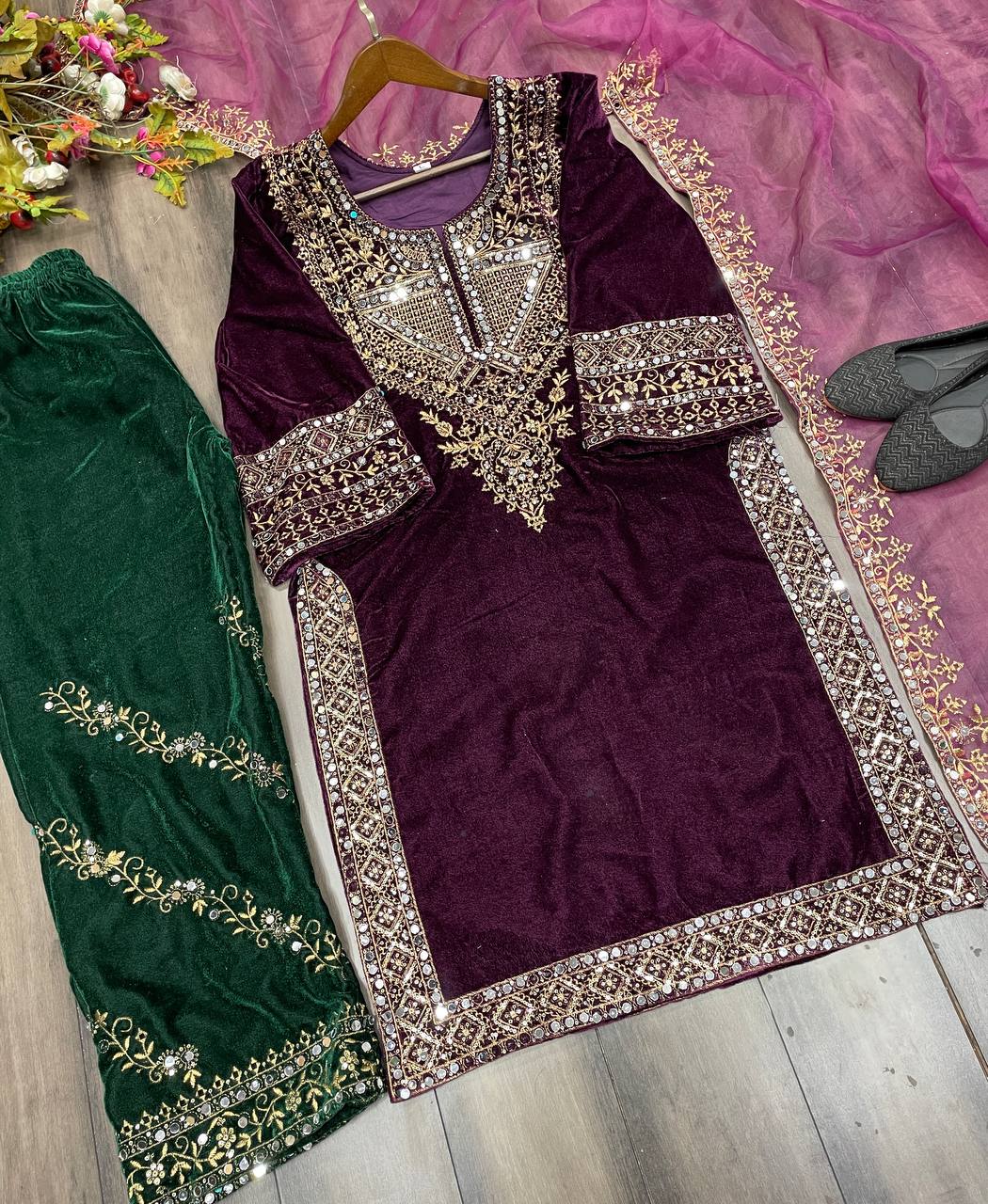 Elegant Velvet Sequence Embroidered Suit with Mirror Work, Pant & Dupatta Set