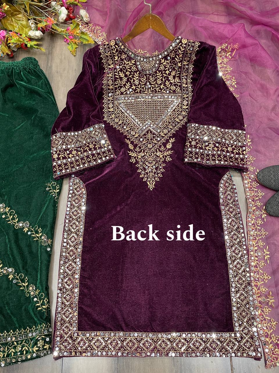 Elegant Velvet Sequence Embroidered Suit with Mirror Work, Pant & Dupatta Set