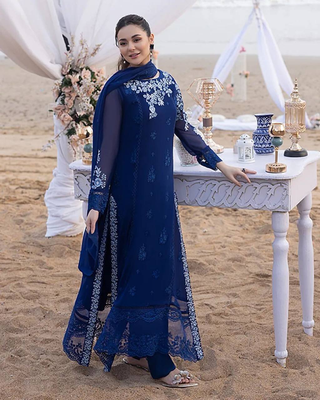 "Trending Designer Georgette Embroidery Suit Set with Stitched Pant & Embroidered Dupatta"