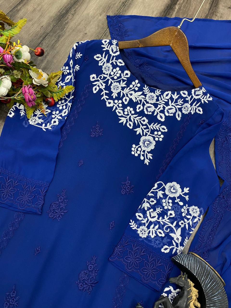 "Trending Designer Georgette Embroidery Suit Set with Stitched Pant & Embroidered Dupatta"