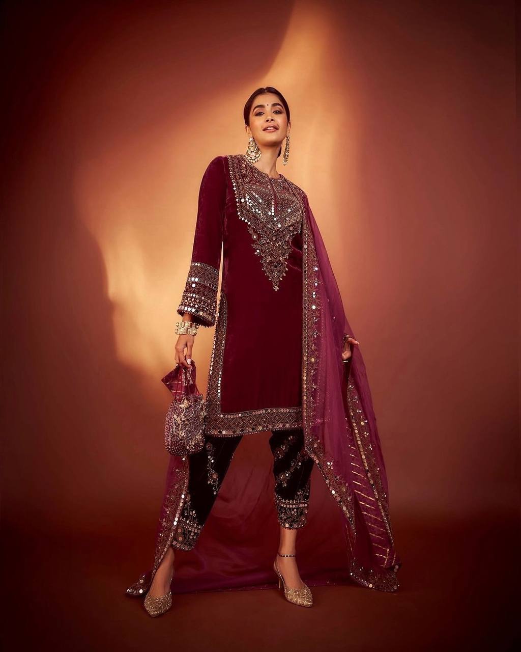 Elegant Velvet Sequence Embroidered Suit with Mirror Work, Pant & Dupatta Set