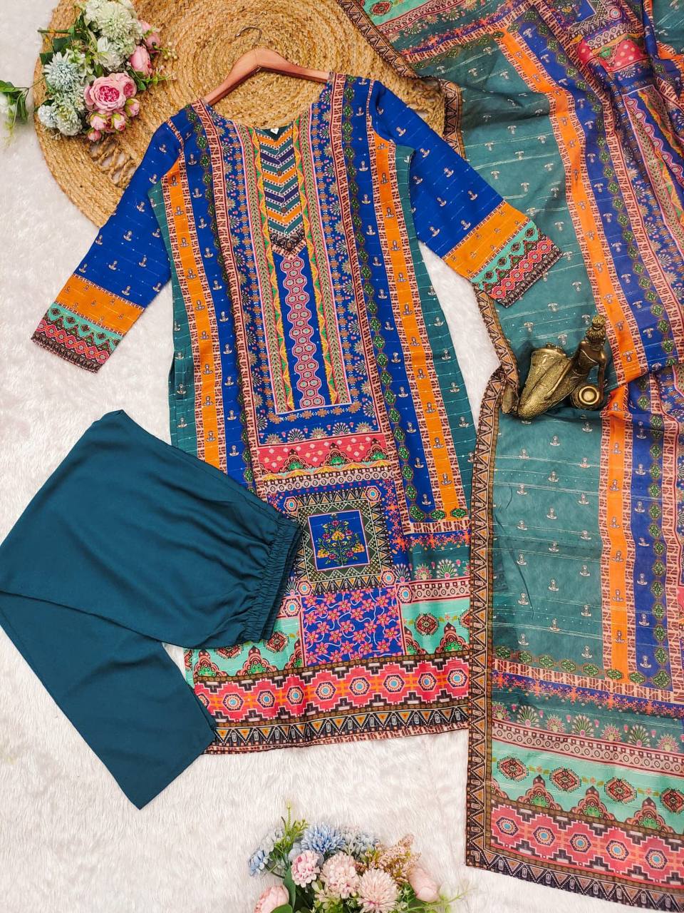 Luxurious Masleen Sequence Kurti Set with Embroidered Dupatta & Silk Pants | Multi-Print Design | Sizes M-3XL