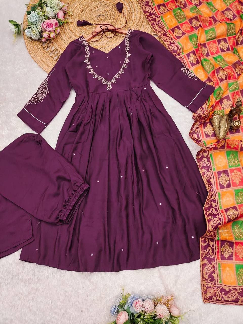 Luxurious Wine Roman Silk Suit Set with Digital Print, Embroidered Dupatta & Sequence Work | Sizes M-3XL