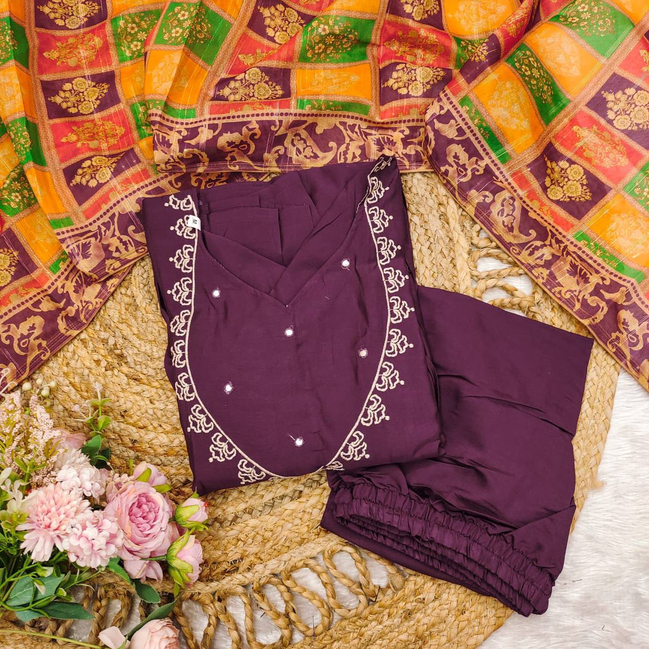 Luxurious Wine Roman Silk Suit Set with Digital Print, Embroidered Dupatta & Sequence Work | Sizes M-3XL