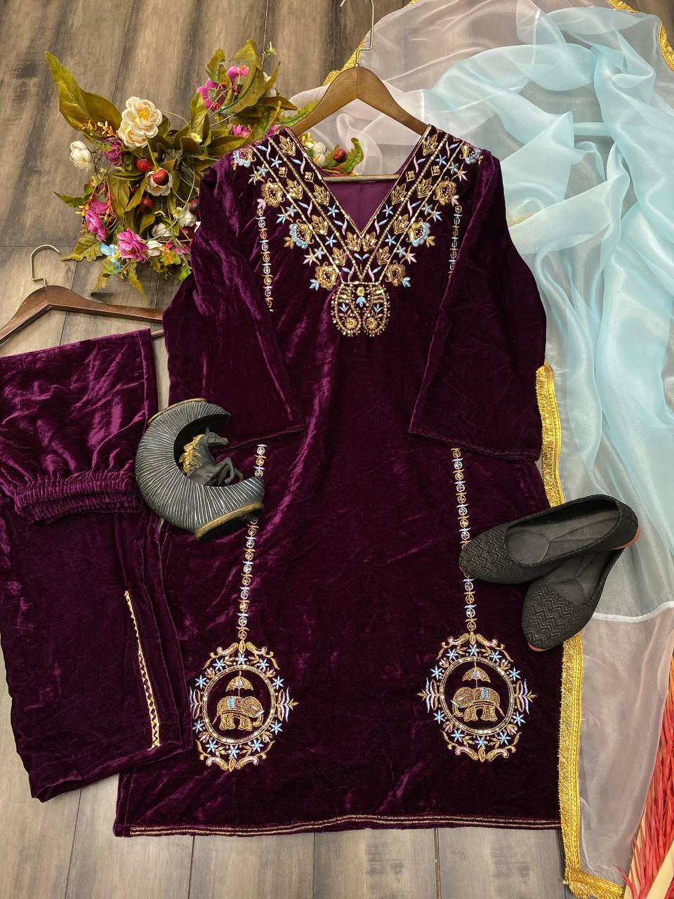 Designer Velvet Sequence Embroidery Suit Set with Samosa Lace Pant and Organza Dupatta