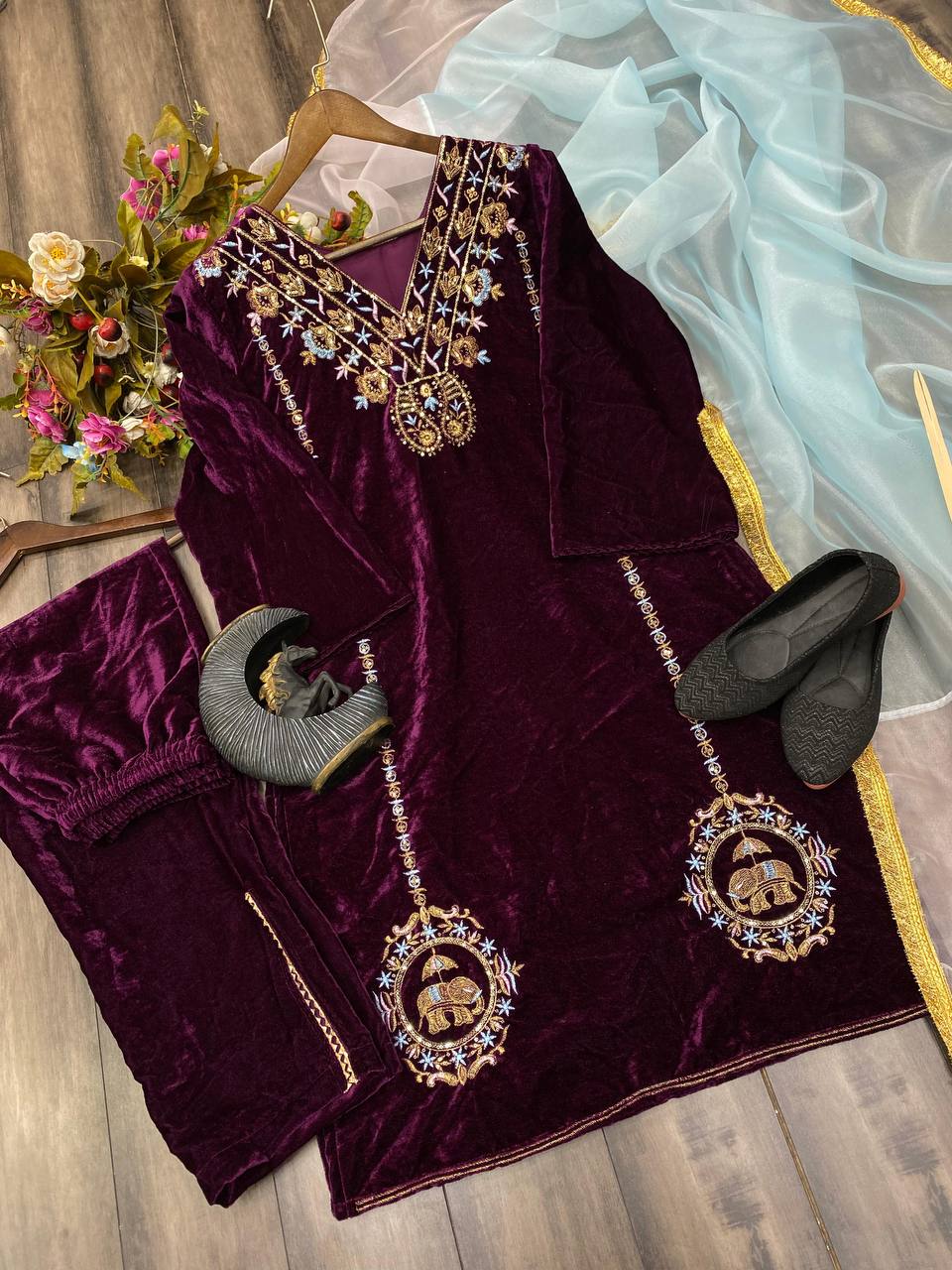 Designer Velvet Sequence Embroidery Suit Set with Samosa Lace Pant and Organza Dupatta