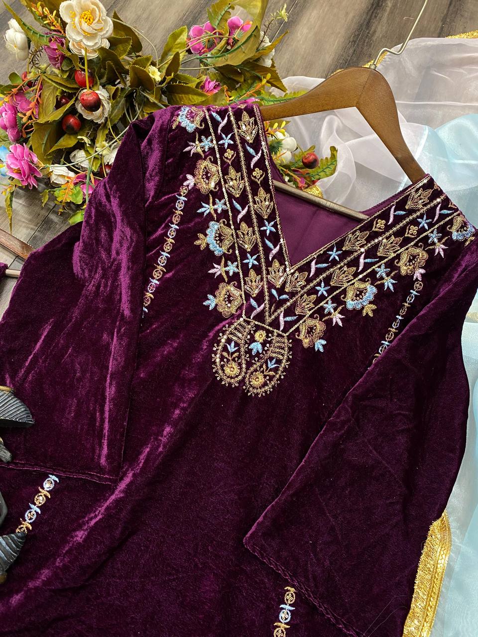 Designer Velvet Sequence Embroidery Suit Set with Samosa Lace Pant and Organza Dupatta