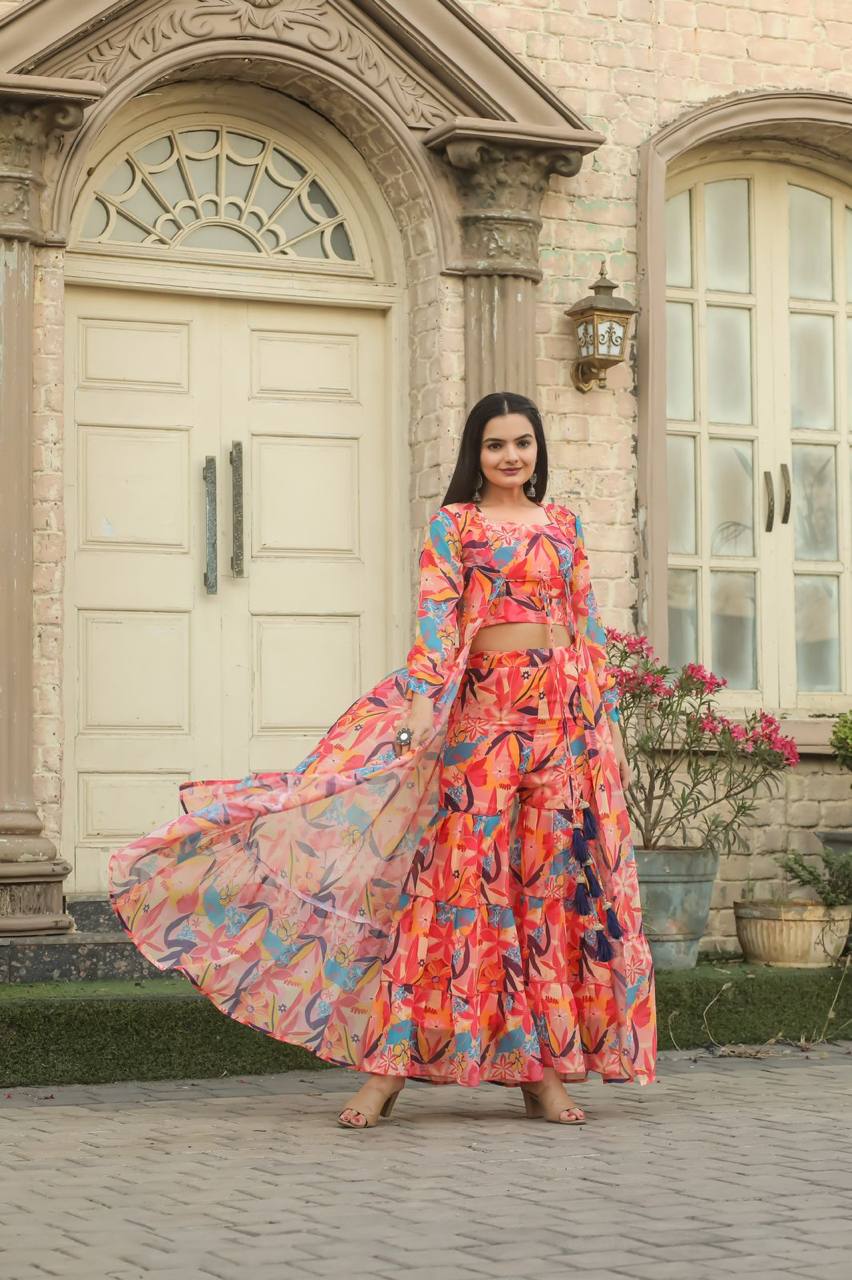 Elegant Fox Georgette Anarkali Set with Shrug & Layered Palazzo – Western Chic Meets Traditional Grace