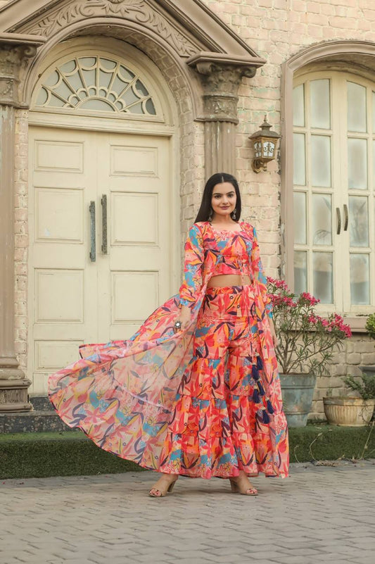 Elegant Fox Georgette Anarkali Set with Shrug & Layered Palazzo – Western Chic Meets Traditional Grace