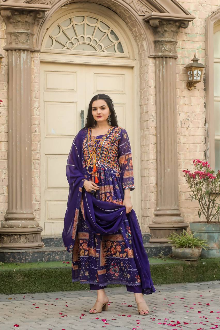 Elegant Georgette Suit Set with Intricate Embroidery, Mirror & Kodi Work – Perfect for Celebrations