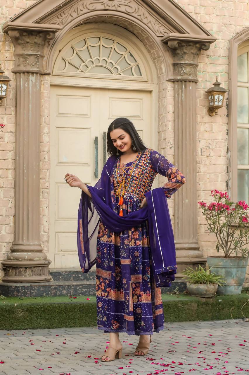 Elegant Georgette Suit Set with Intricate Embroidery, Mirror & Kodi Work – Perfect for Celebrations