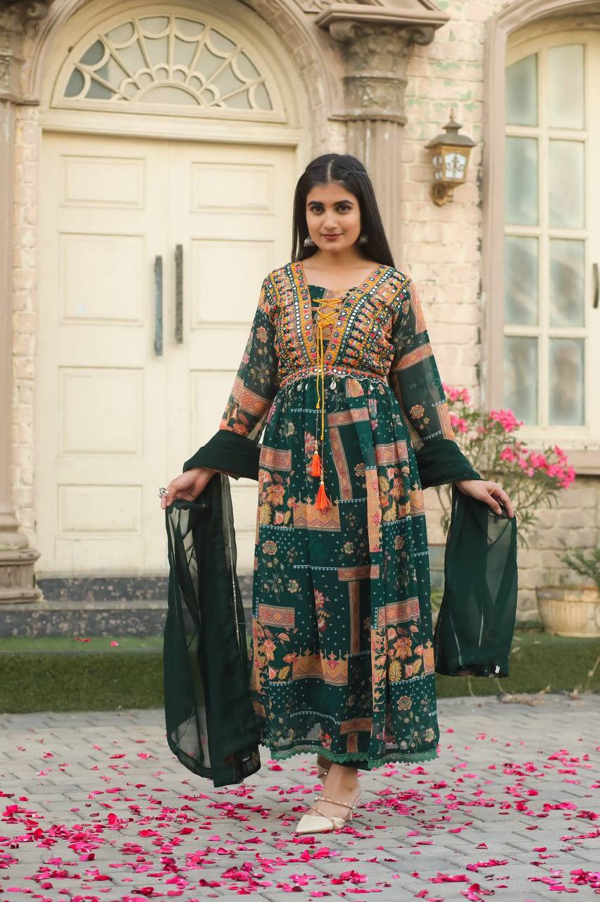 Elegant Georgette Suit Set with Intricate Embroidery, Mirror & Kodi Work – Perfect for Celebrations