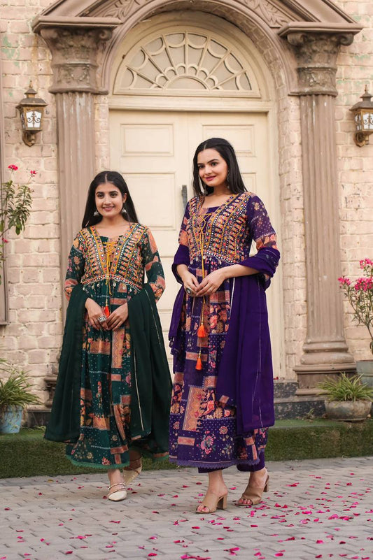 Elegant Georgette Suit Set with Intricate Embroidery, Mirror & Kodi Work – Perfect for Celebrations