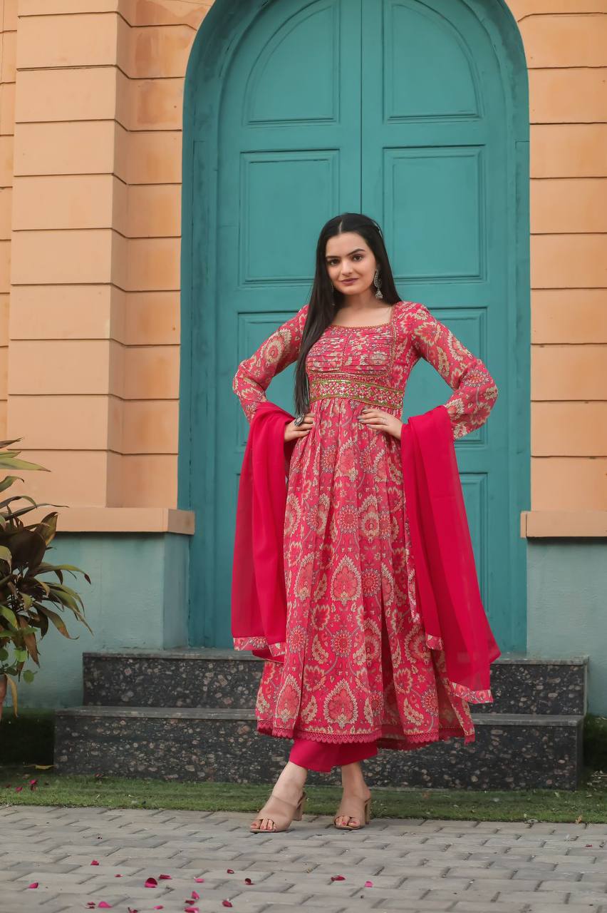 Elegant Georgette Anarkali Gown with Maltiprint & Nazneen Embroidered Dupatta – Perfect Comfort & Style