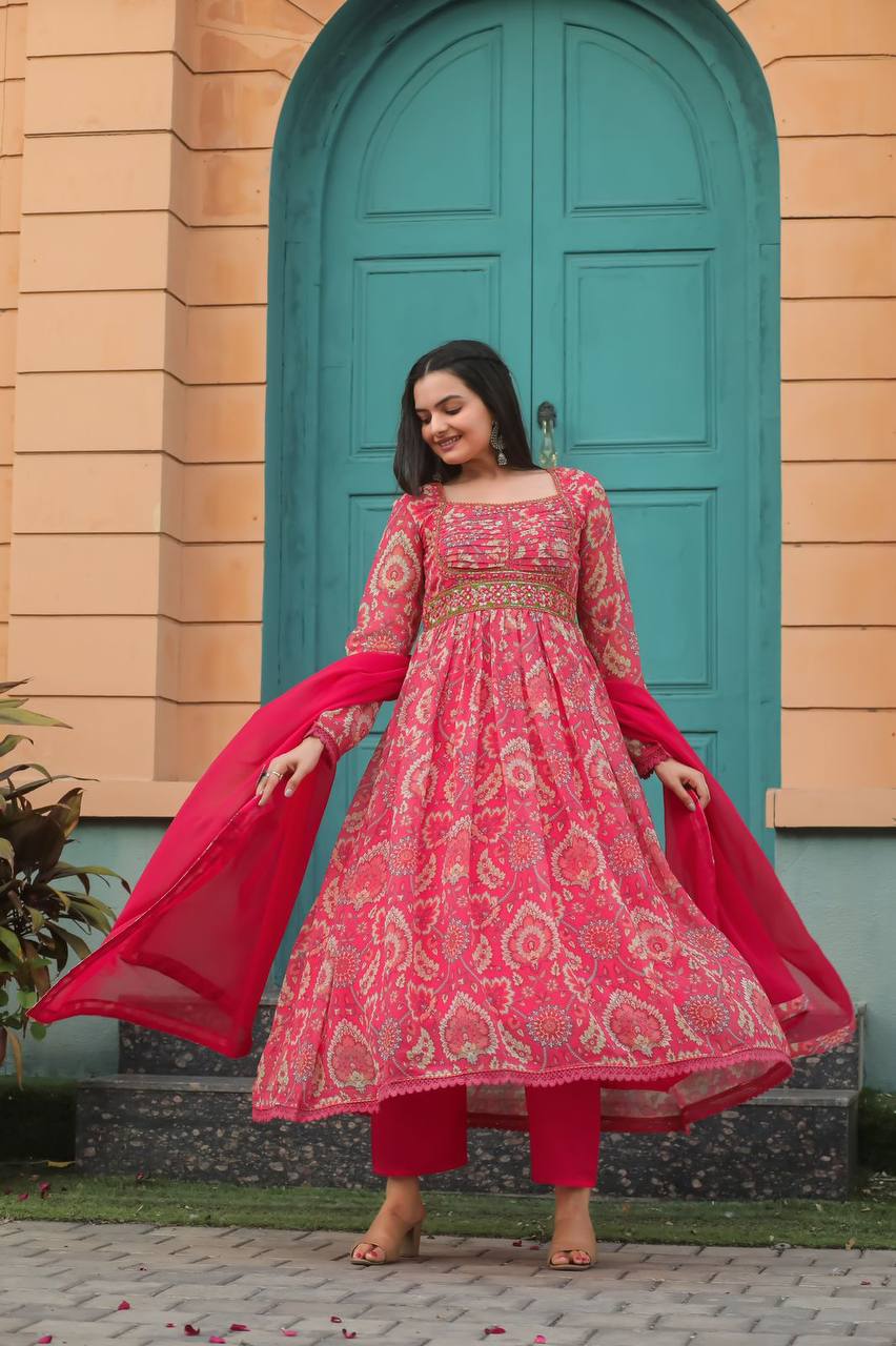 Elegant Georgette Anarkali Gown with Maltiprint & Nazneen Embroidered Dupatta – Perfect Comfort & Style