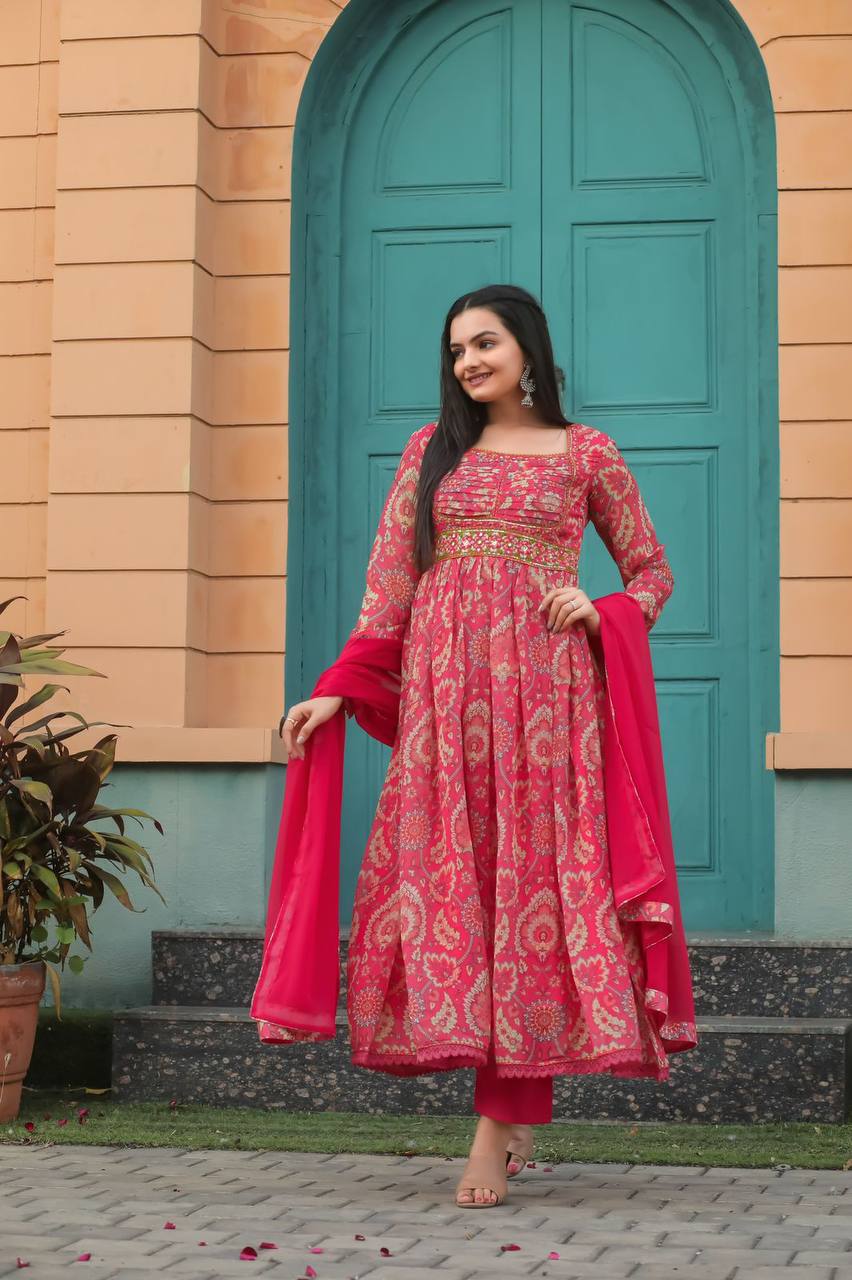 Elegant Georgette Anarkali Gown with Maltiprint & Nazneen Embroidered Dupatta – Perfect Comfort & Style